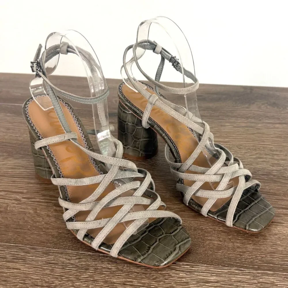 Sam Edelman Daffodil Strappy Block Heel Sandals Olive Green Leather 9 - Picture 2 of 8